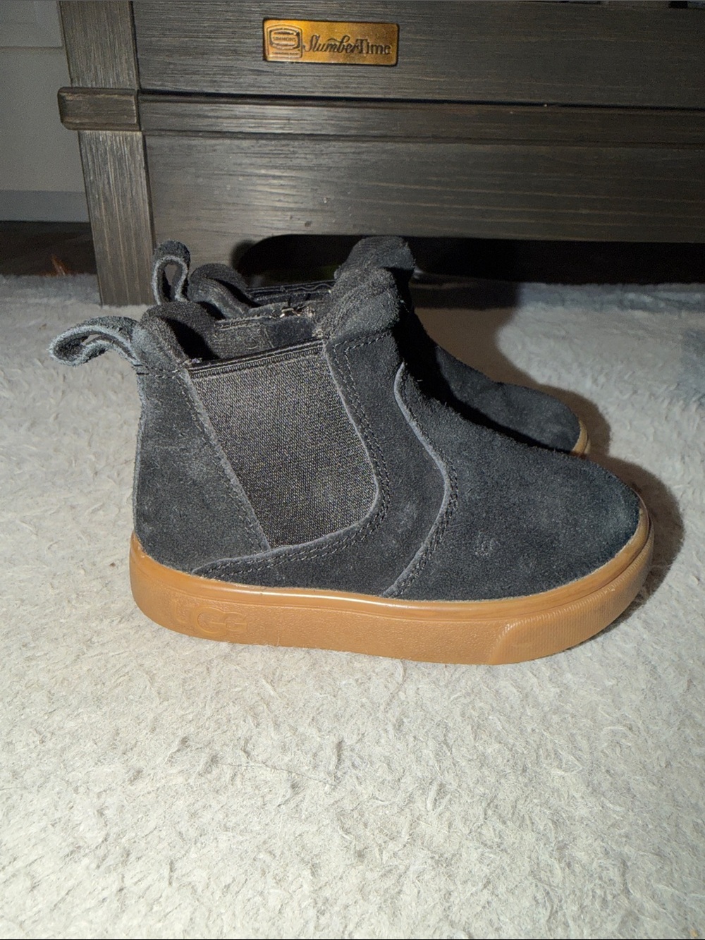 UGG Kids Black Suede Ankle Boots with Tan Sole